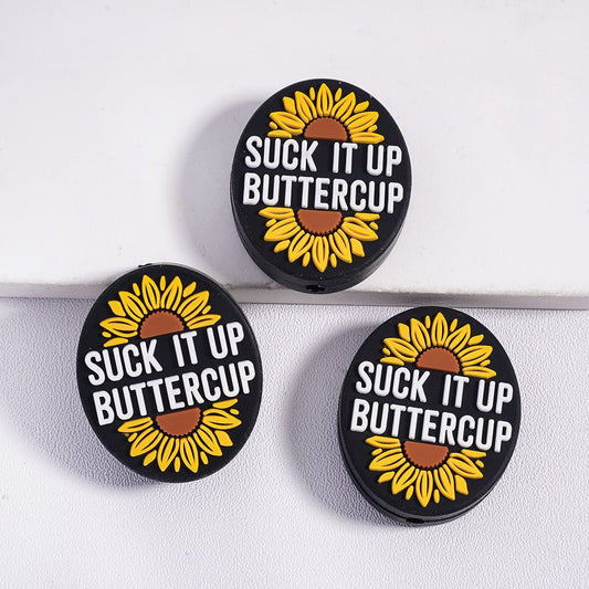 Silicone Focal Beads with White Text "SUCK IT UP BUTTERCUP" and Sunflowers, Flat Oval Shape