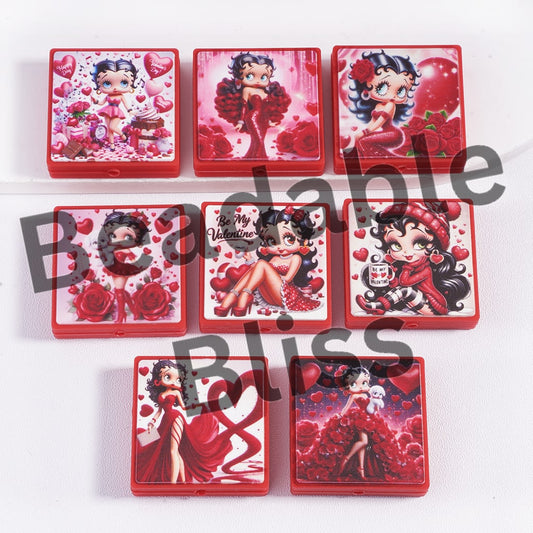 Silicone Focal Beads Old Girl Character Series Valentine's Day, Flat Square Shape, Random Mix