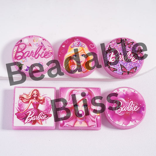 Silicone Focal Beads with Pink Fashion Doll Pattern Series, Glitter, Flat Round and Square Shapes, Random Mix