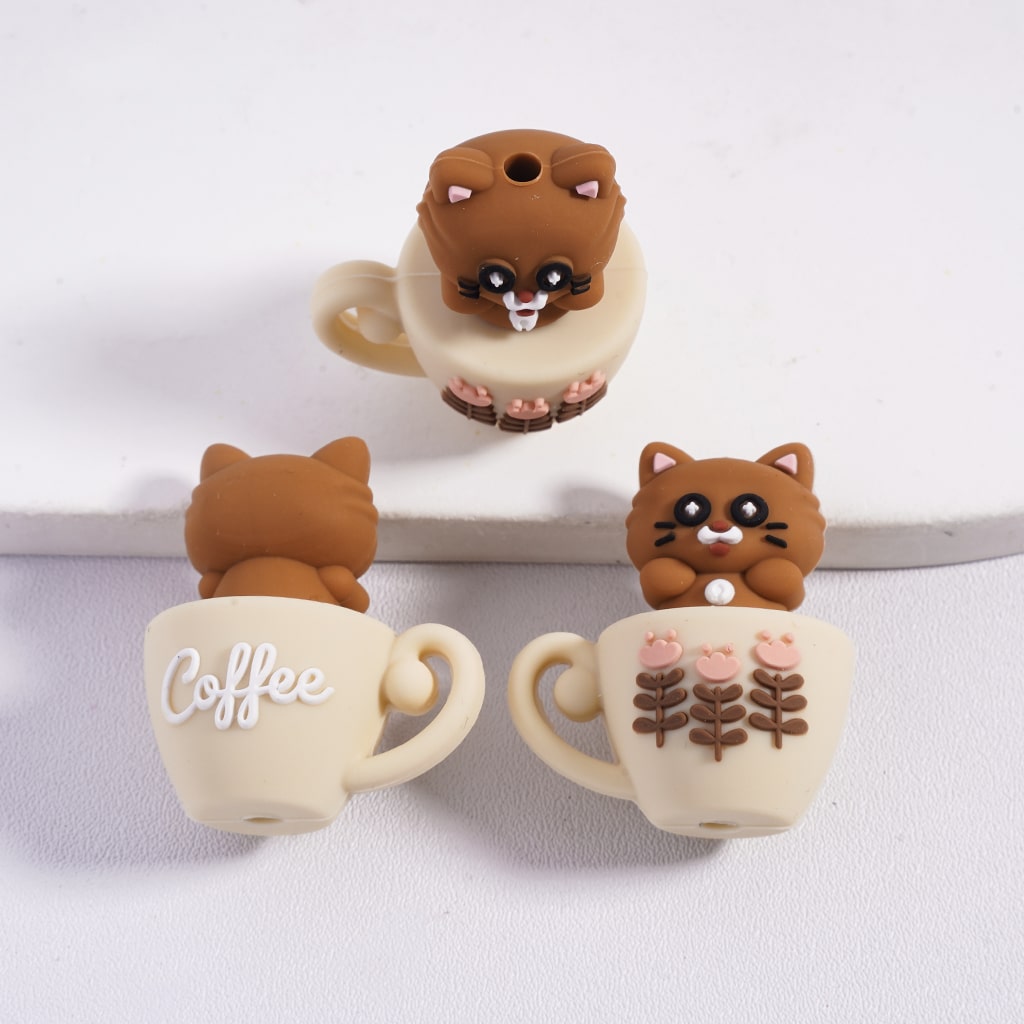 Silicone Focal Beads 3D Lovely Owl and Cat on Coffee Cup Series