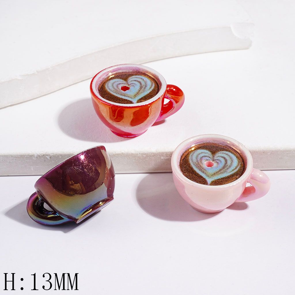 UV-Coated Acrylic Beads Coffee Cup and Heart Shaped Latte Art Designs, Height 13MM Multi-Color Random Mix