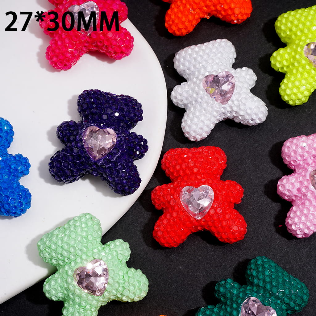 Neon Colors Bear Clay Beads with Pink Heart Rhinestones on Chest, 27*30MM, Random Mix