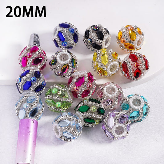 Acrylic Beads with Hexagon Rhinestones and Half-Shell Pearls in Various Color, with Clear Rhinestone and White Pearl Chains, 20MM