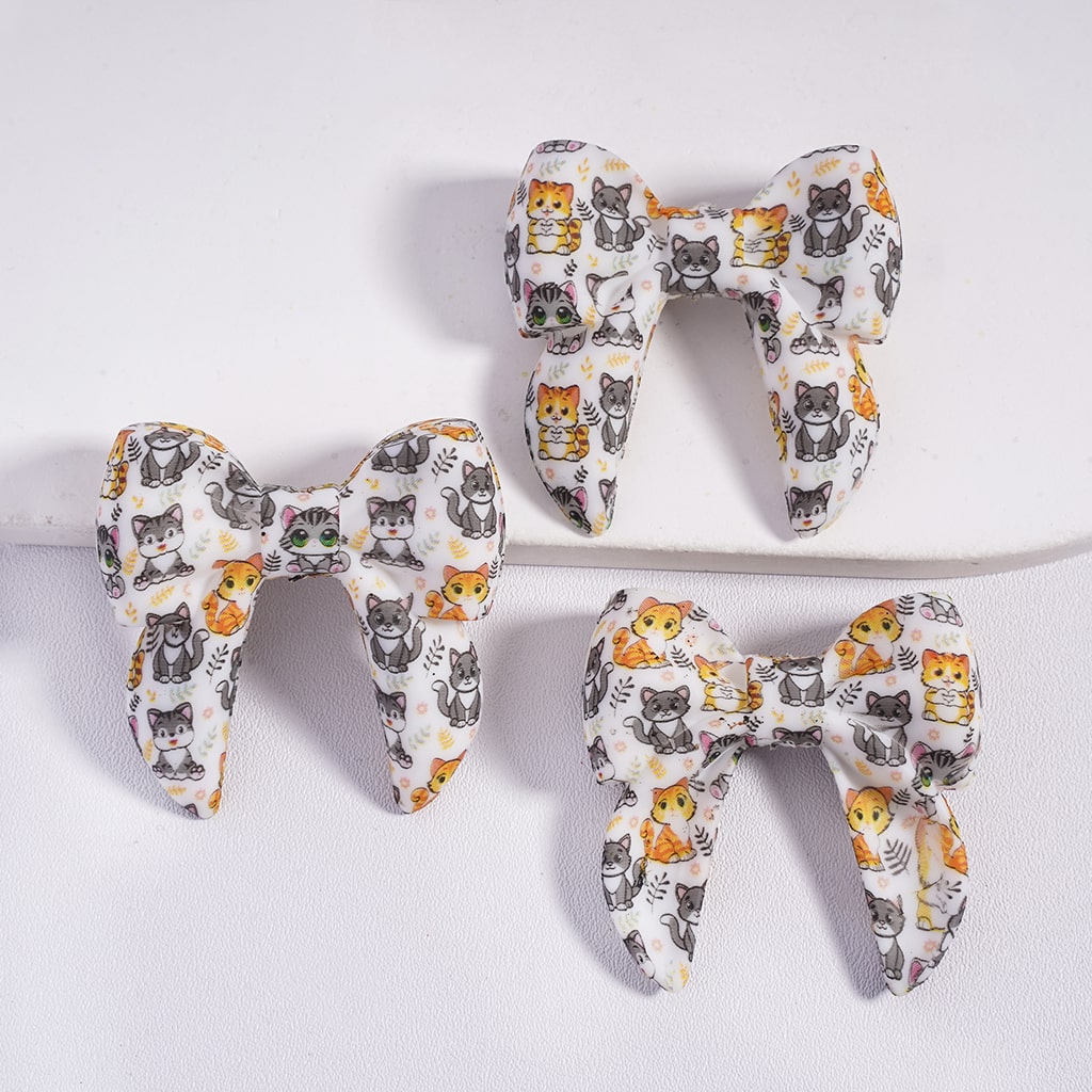 Silicone Focal Beads Soft Bowtie with Cat and Leaf Branch Prints, 40MM
