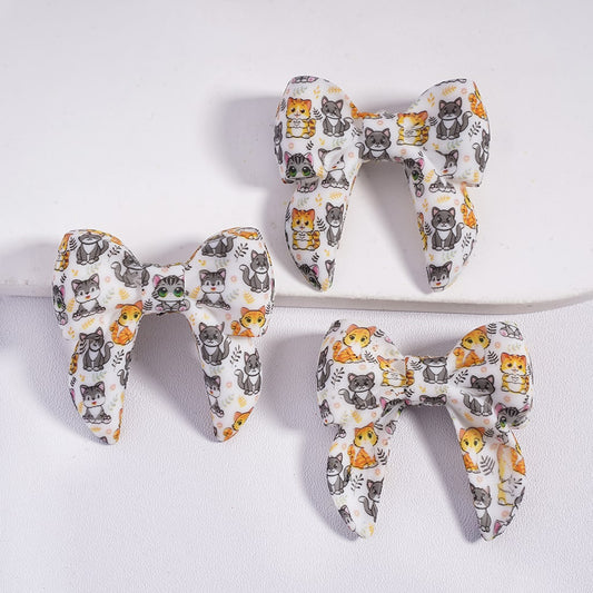 Silicone Focal Beads Soft Bowtie with Cat and Leaf Branch Prints, 40MM