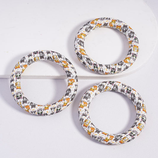 Silicone Focal Beads Soft Round Ring with Cat and Leaf Branch Prints, 65MM