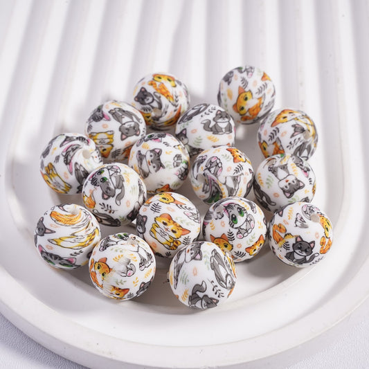 Printed Silicone Beads Soft Round with Cat and Leaf Branch Prints, 15MM