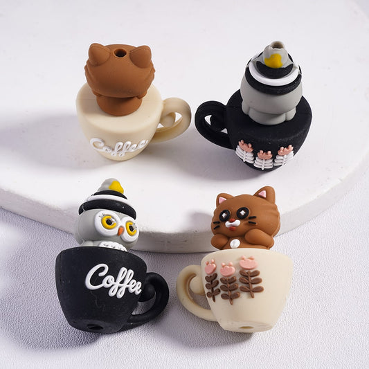 Silicone Focal Beads 3D Lovely Owl and Cat on Coffee Cup Series