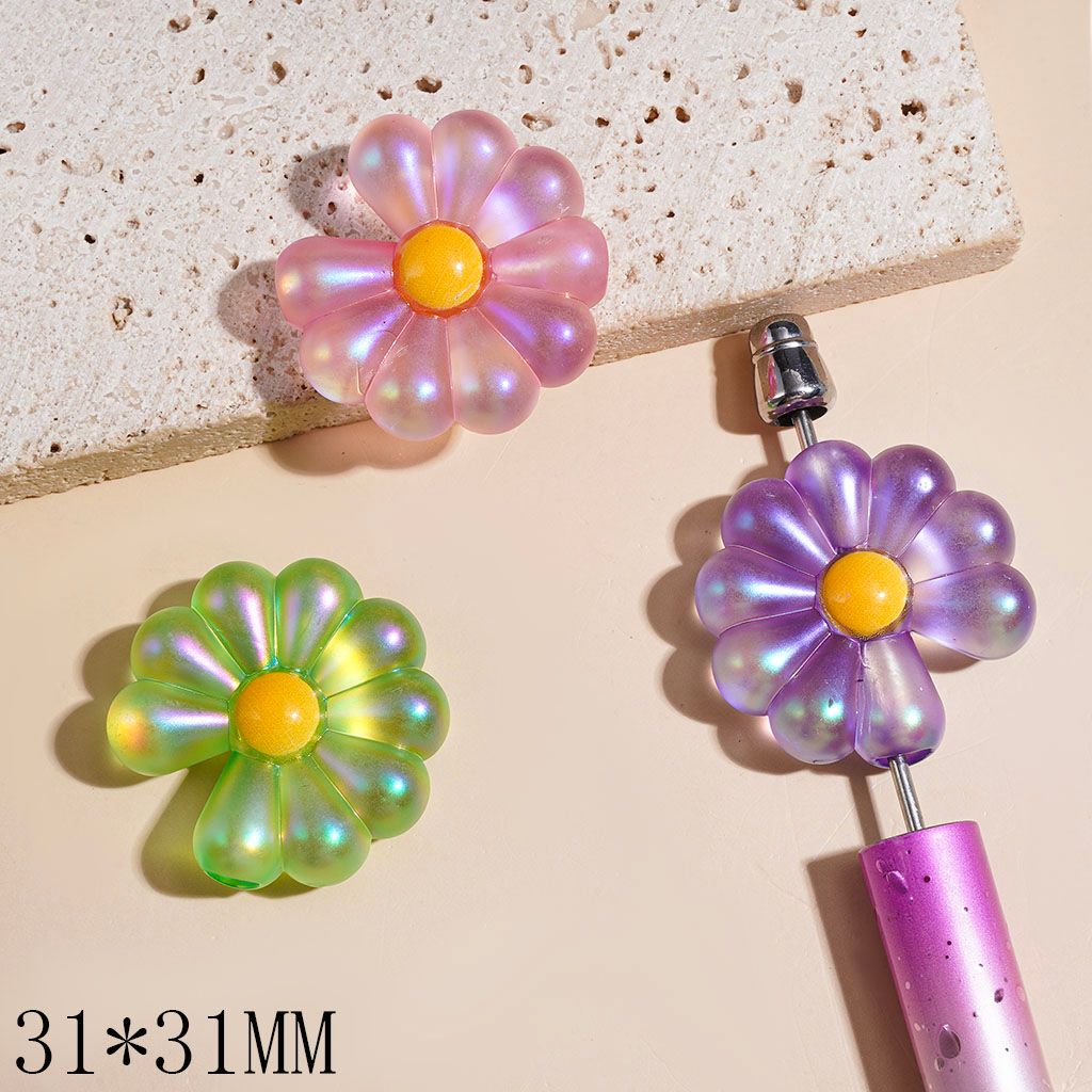 UV-Coated Acrylic Beads Daisy Flower in Rainbow Colored Series, 31*31MM, Large Hole Beads, Multi-Color, Random Mix (The Hole Diameter is Around 4MM)