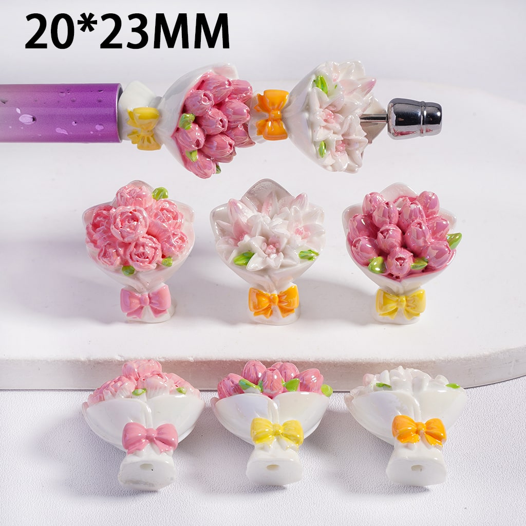 Acrylic Beads UV Coating Flower Bouquet Series with Bowtie in Various Colors, 20*23MM, Random Mix