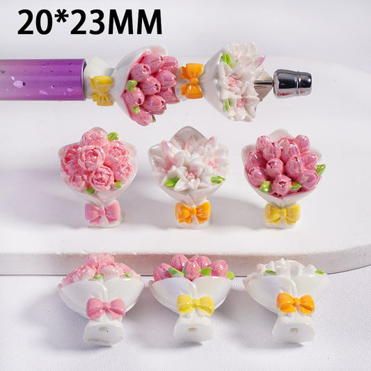 Acrylic Beads UV Coating Flower Bouquet Series with Bowtie in Various Colors, 20*23MM, Random Mix
