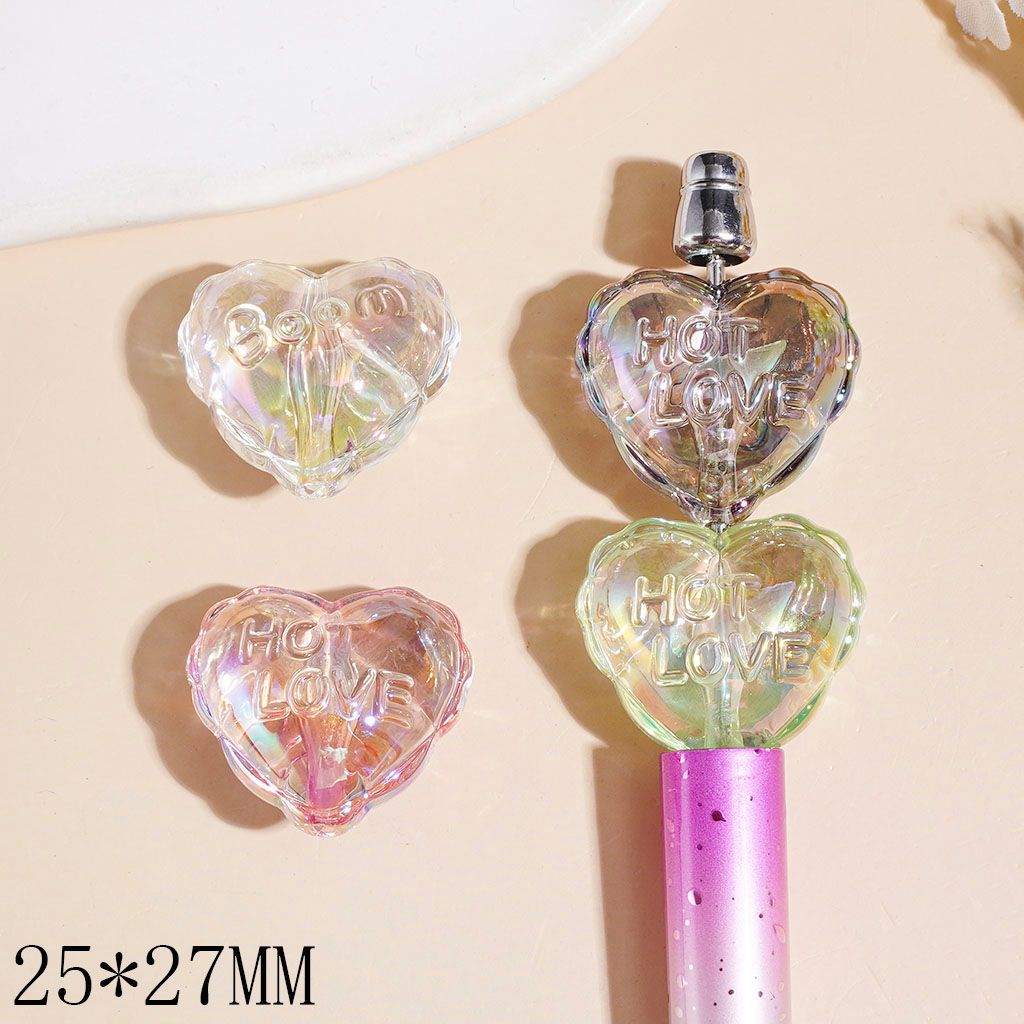 UV-Coated Acrylic Beads Heart with Wavy Edged and Text, Semi-Clear, 25*27MM Multi-Color Random Mix