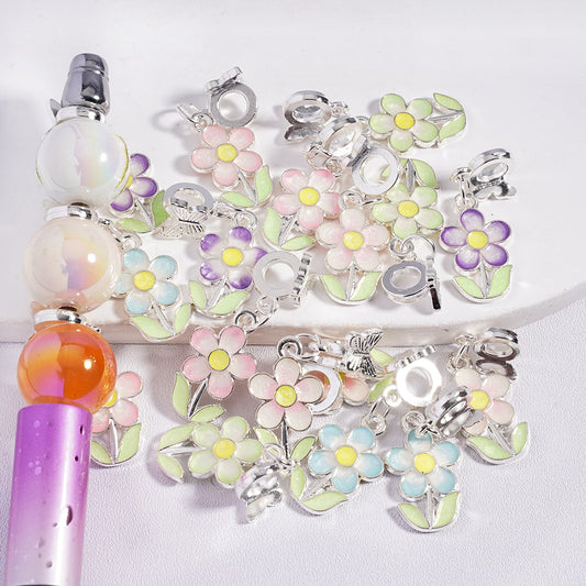 Silver Metal Bail Beads with Butterfly, Charm Pendant Glittery Five-Petaled Flower Series, Multi-Color, Random Mix