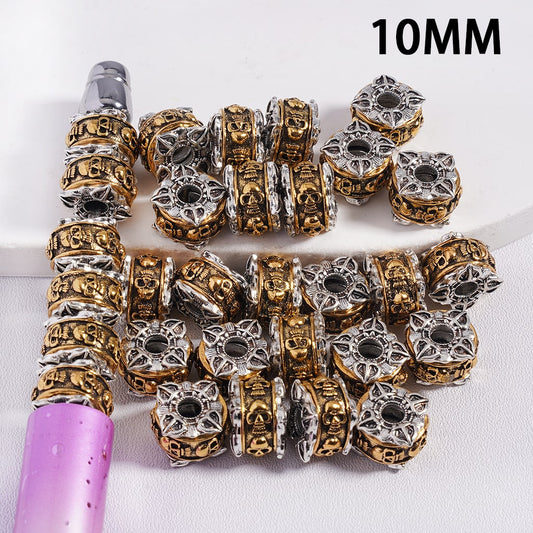 Metal Beads with Silver Petaled Leaves and Gold-Black Skeleton Heads, Round Drum Shape, 10MM