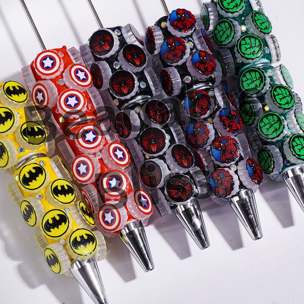 Beadable Clay Pens Bottle Cap Lid Design with AB Rhinestones & Strong Superhero Characters, Steel Man Spider Green Giant Hero, Random Mix