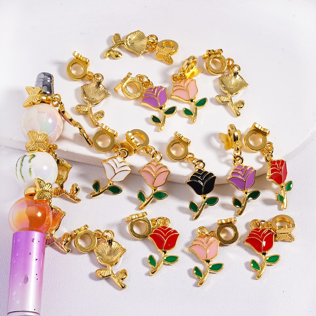Gold Alloy Bail Beads with Butterfly, Charm Pendant Rose Flower Series in Various Colors, Random Mix