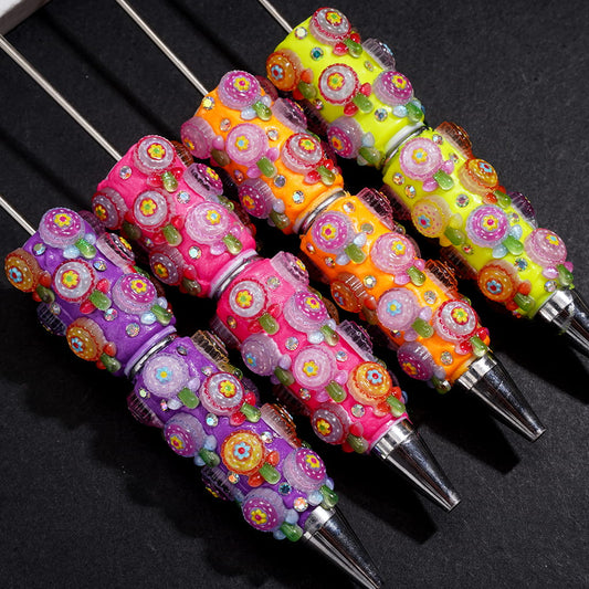 Fluorescent Beadable Clay Pen with Lollipop Shaped Flower & AB Rhinestones, Assorted Colors