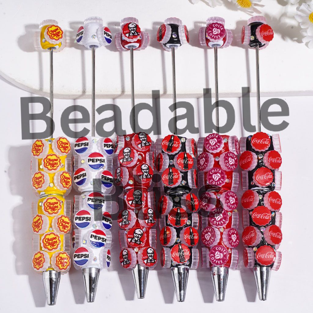 Beadable Clay Pens with Candy Coffee Soda Drink Fast Food Bottle Cap Lid and AB Rhinestones, Multi-Color