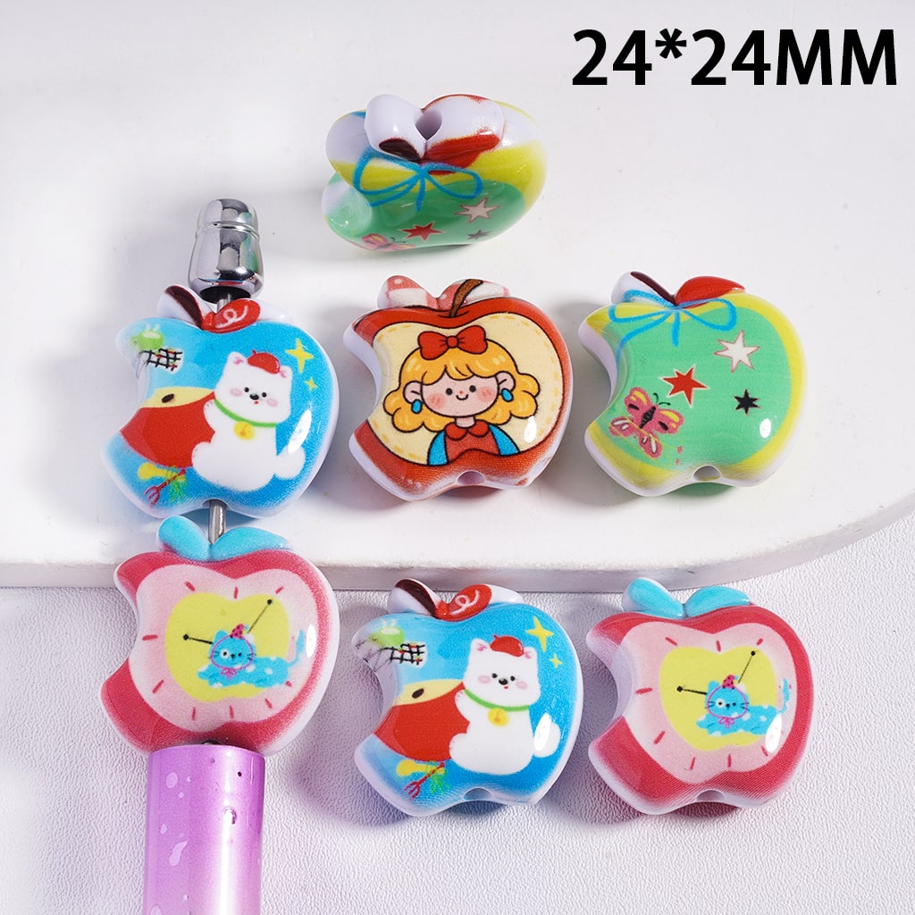 Acrylic Beads Apple Shape with Girl Cat Bear Butterfly Patterns, 24*24MM, Random Mix