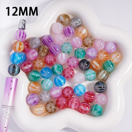 Acrylic Beads for Bracelets with Vertical Stripes and Glitter, 12MM, Multi-Color, Random Mix