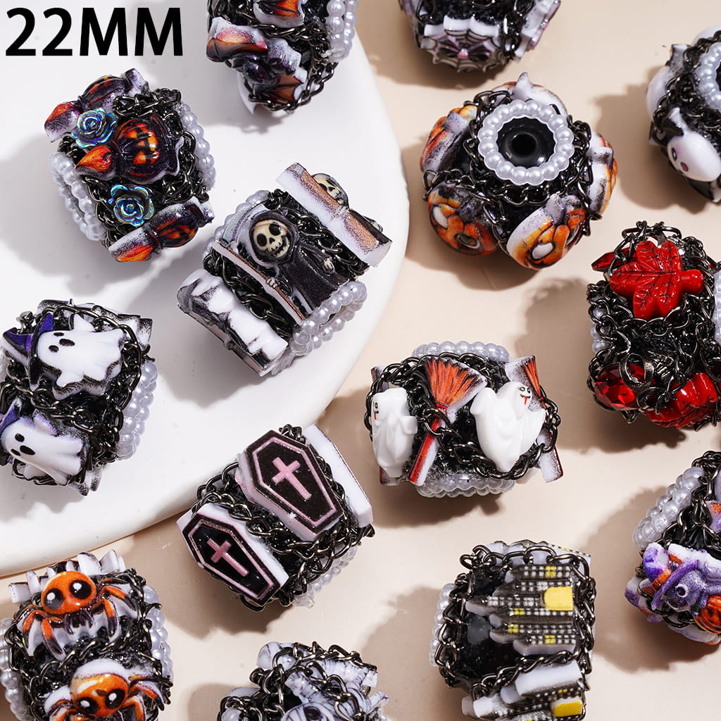 Acrylic Beads with Halloween Spooky Theme, Gun Black Chain & White Pearls Loop, Black Base, 22MM, Random Mix