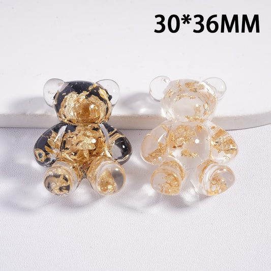 Acrylic Beads Bear with Gold Foil Paper Embedded Inside, 30*36MM, Translucent, Random Mix, Black and White