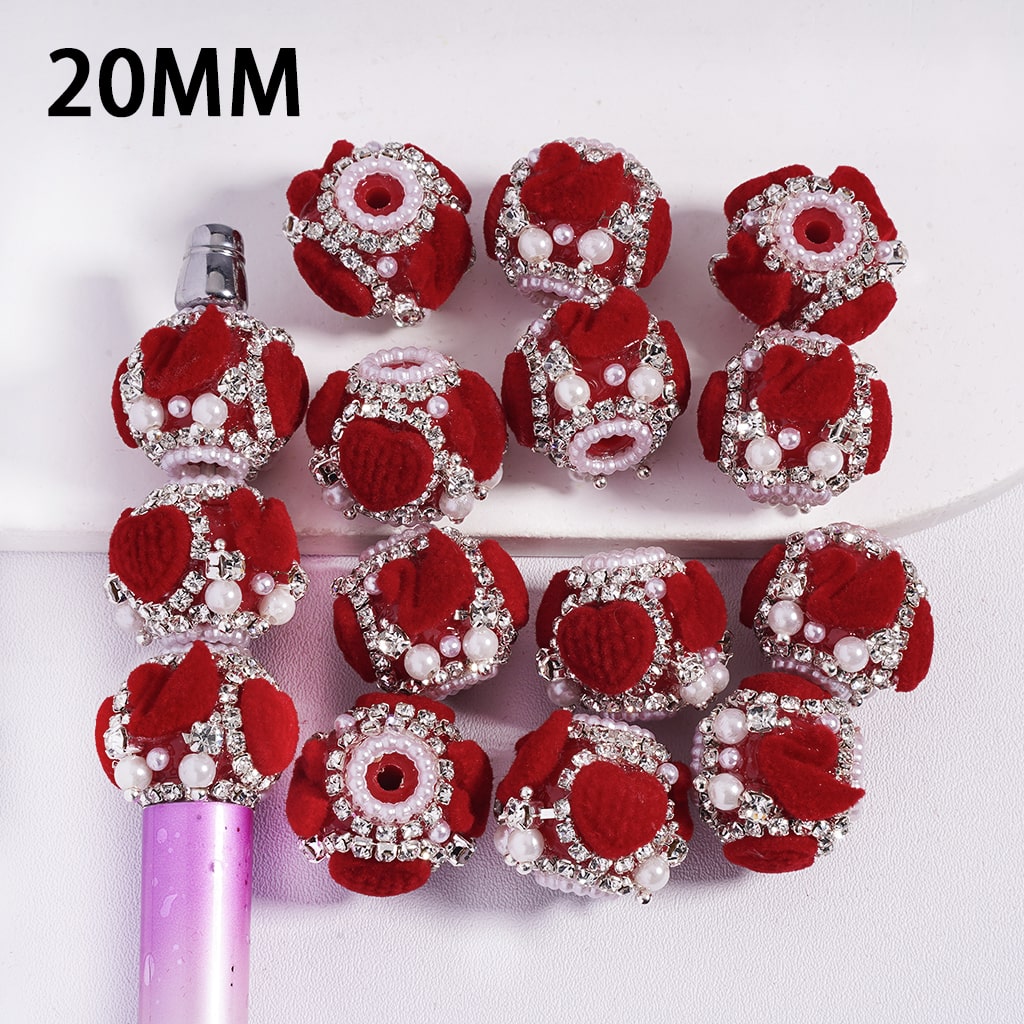 Acrylic Beads with Red Fluffy Swan and Hearts Valentine's Day, White Pearl and AB Rhinestone Chains, 20MM