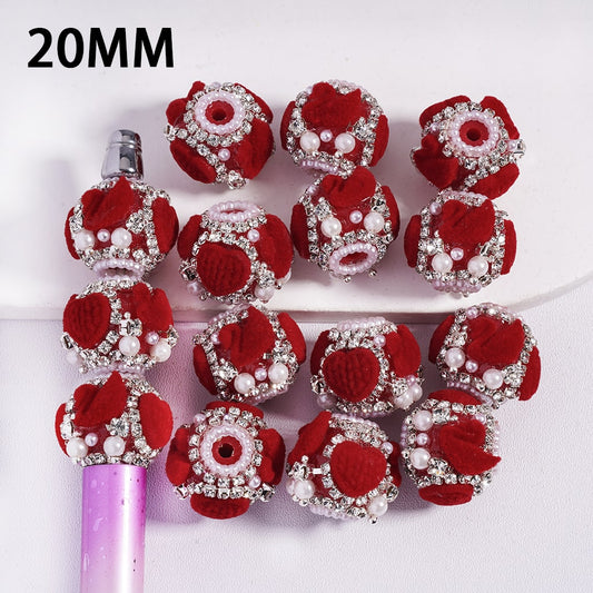 Acrylic Beads with Red Fluffy Swan and Hearts Valentine's Day, White Pearl and AB Rhinestone Chains, 20MM