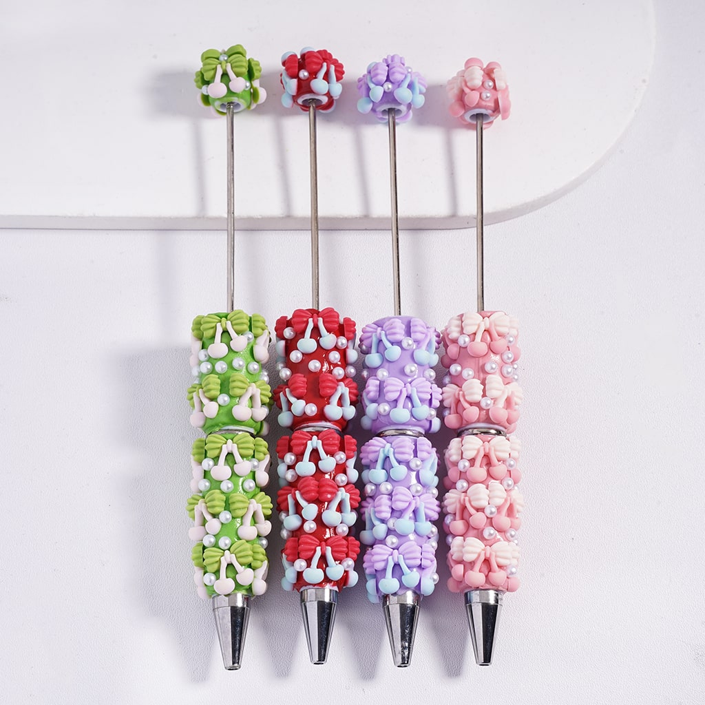 Beadable Clay Pens with Bowtie and Cherry Series in Various Colors and White Pearls, Random Mix