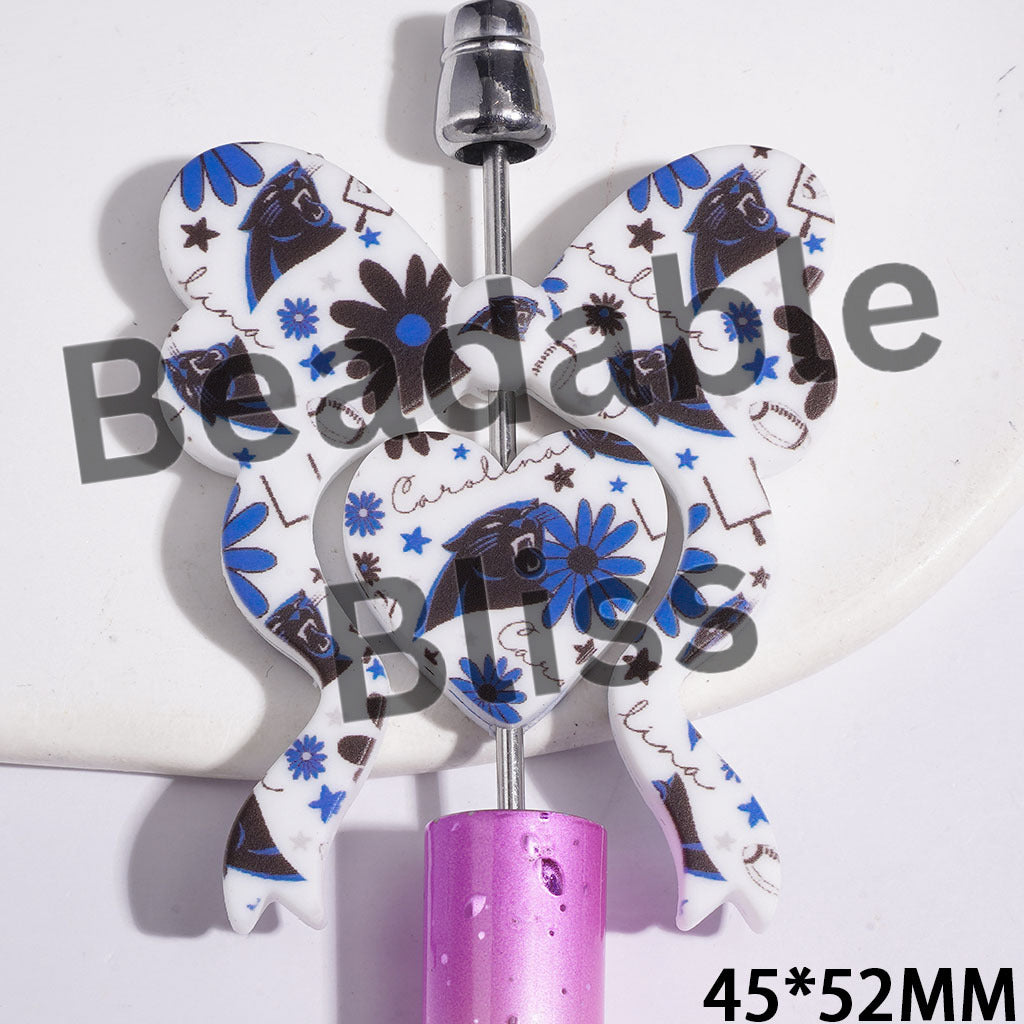 Silicone Focal Beads Carolina American Football Collection Set with Blue Flower Star Pattern, Bowtie and Heart, 45*52MM