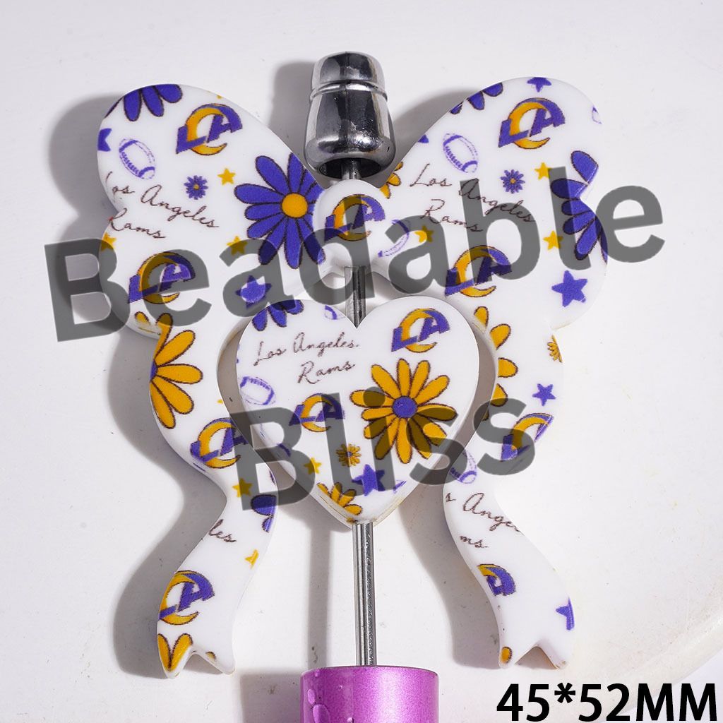 LA American Football Collection Set Silicone Focal Beads, Bowtie and Heart with Yellow Flower Star Pattern, 45*52MM