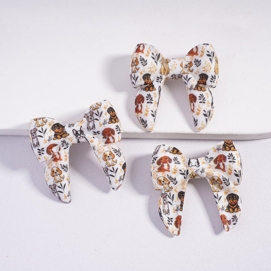 Silicone Focal Beads Soft Bowtie with Dog Series and Leaf Branch Prints, 40MM