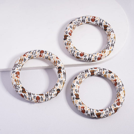 Silicone Focal Beads Soft Round Ring with Dog Series and Leaf Branch Prints, 65MM