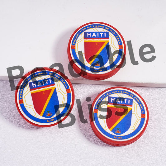 Silicone Focal Beads HAITI Football Soccer Team, Flat Round Shape