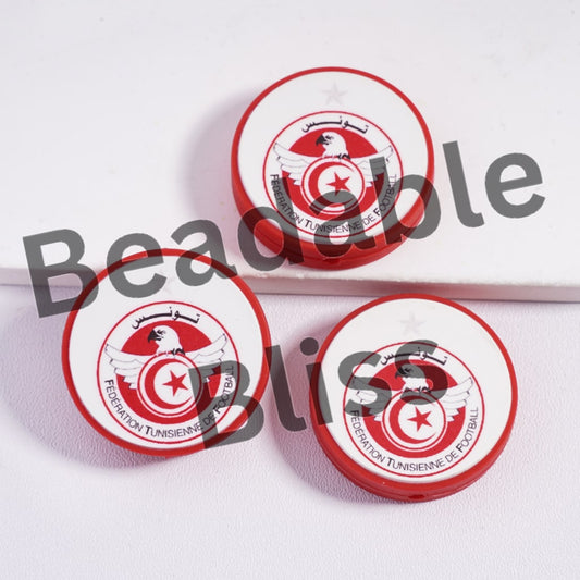 Silicone Focal Beads Tunisia Football Soccer Team, Flat Round Shape