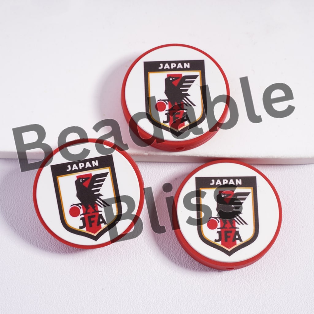 Silicone Focal Beads Japan Football Soccer Team, Flat Round Shape