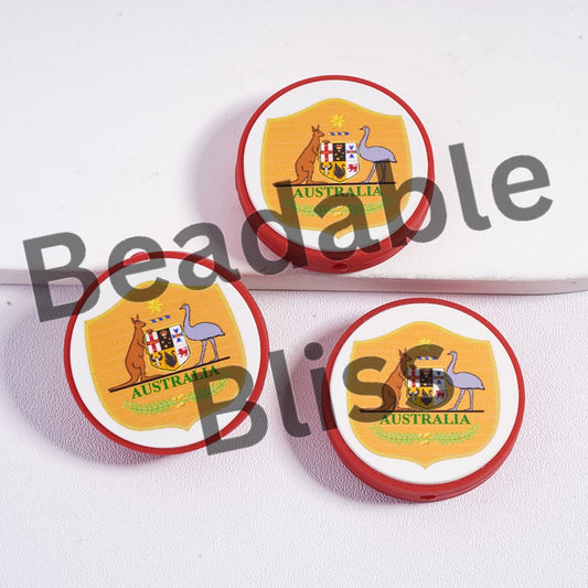 Silicone Focal Beads Australia Football Soccer Team, Flat Round Shape