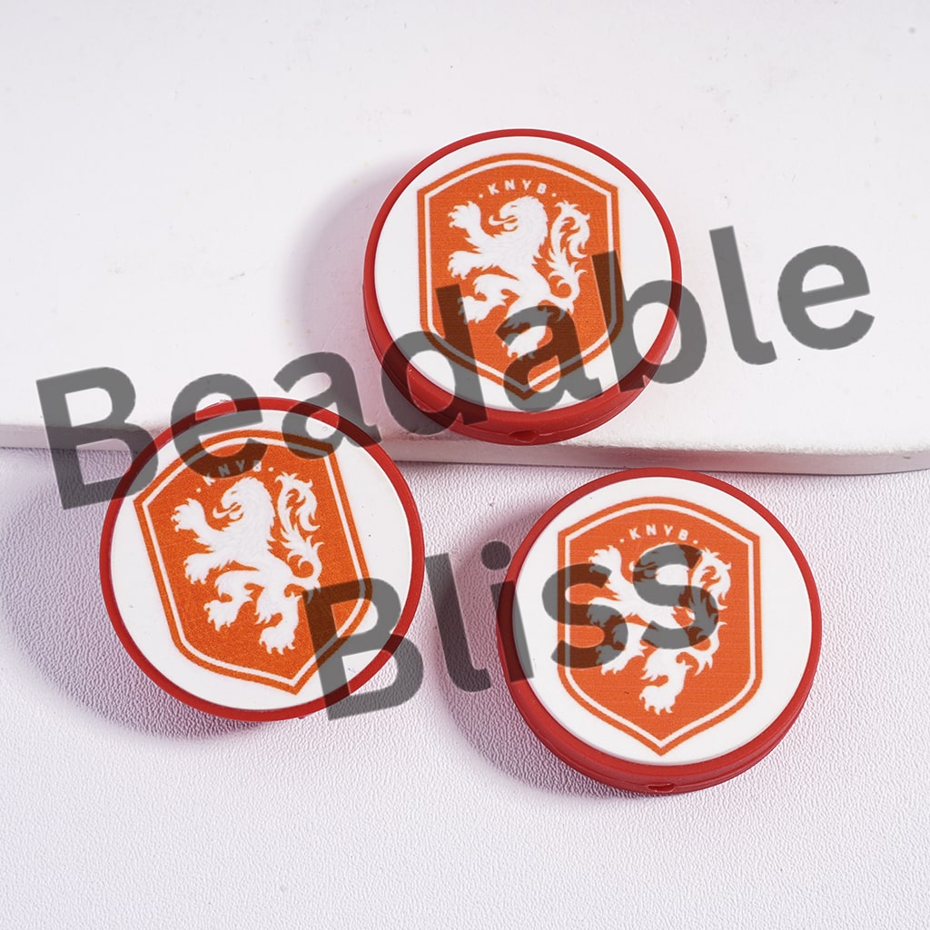 Silicone Focal Beads Netherlands Football Soccer Team, Flat Round Shape