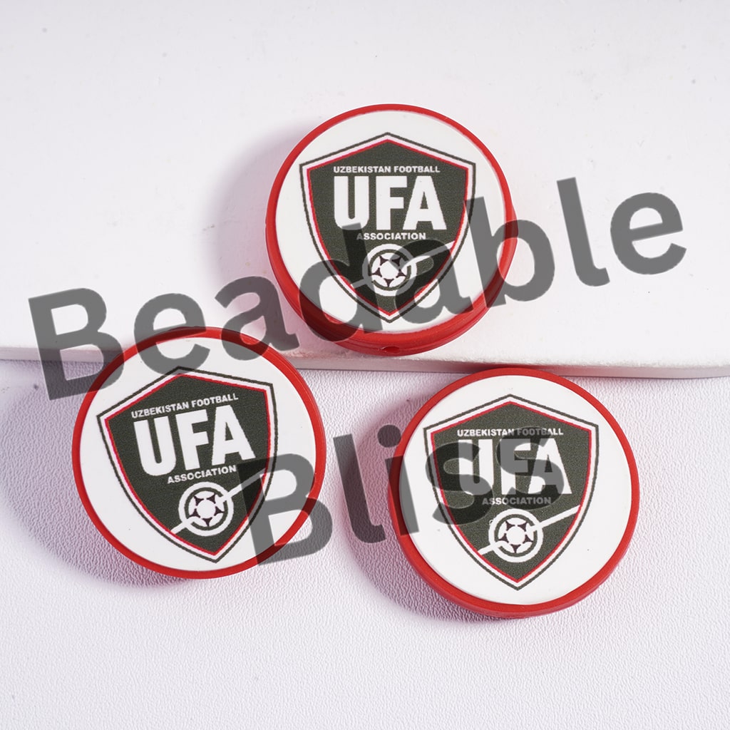 Silicone Focal Beads Uzbekistan Football Soccer Team, Flat Round Shape