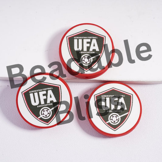 Silicone Focal Beads Uzbekistan Football Soccer Team, Flat Round Shape