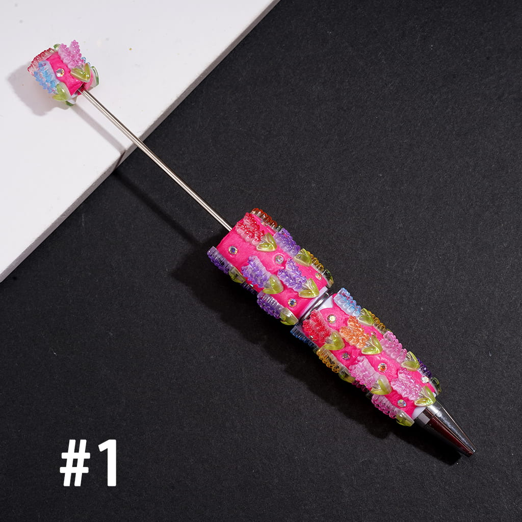 Fluorescent Beadable Clay Pen with Lavender Flower Design & AB Rhinestones, Multi-Color