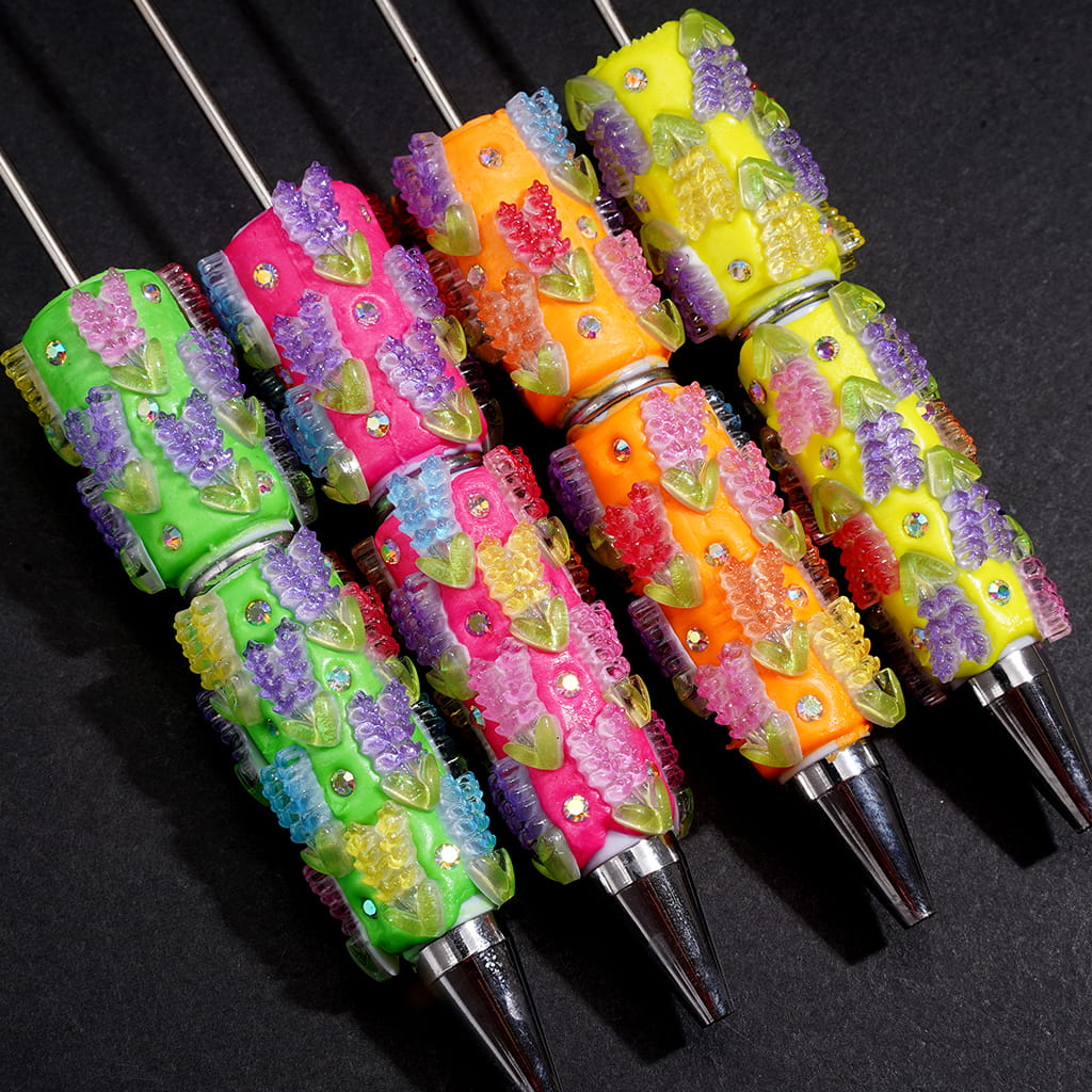 Fluorescent Beadable Clay Pen with Lavender Flower Design & AB Rhinestones, Multi-Color
