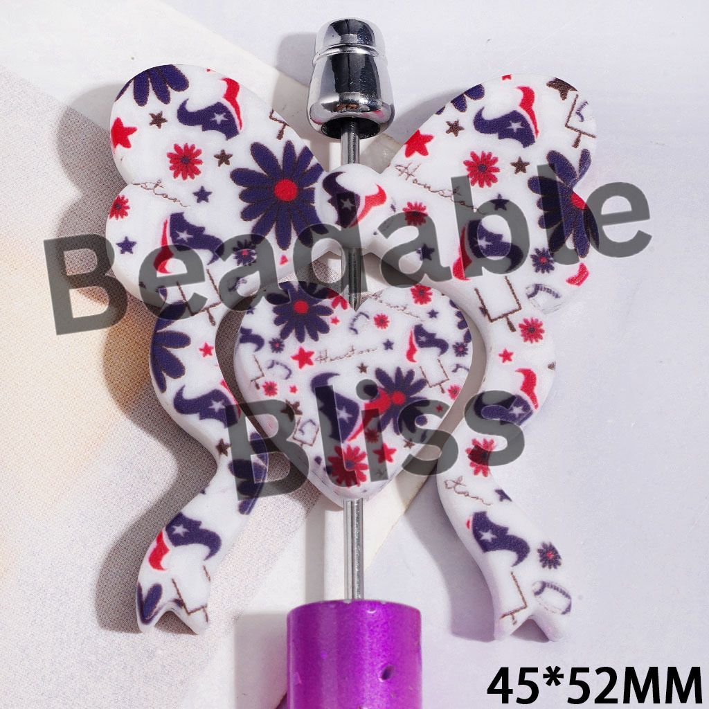 Silicone Focal Beads Houston American Football Team, Heart and Bowtie, 45*52MM