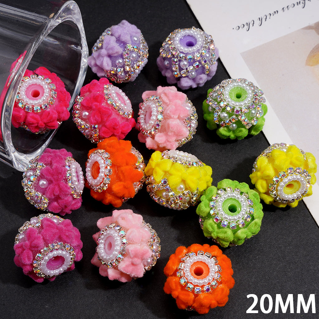 Acrylic Beads w Fluorescent Plush Bow, Pearl Chain & AB Rhinestones, 20MM, Random Mix