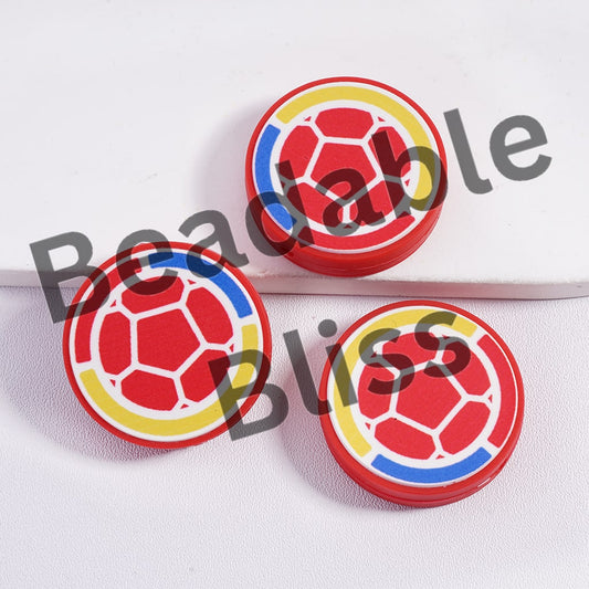 Silicone Focal Beads Colombia Football Soccer Team, Flat Round Shape
