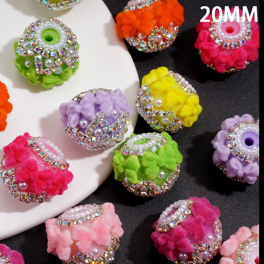 Acrylic Beads w Fluorescent Plush Bow, Pearl Chain & AB Rhinestones, 20MM, Random Mix