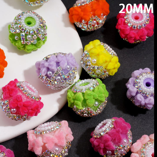Acrylic Beads w Fluorescent Plush Bow, Pearl Chain & AB Rhinestones, 20MM, Random Mix