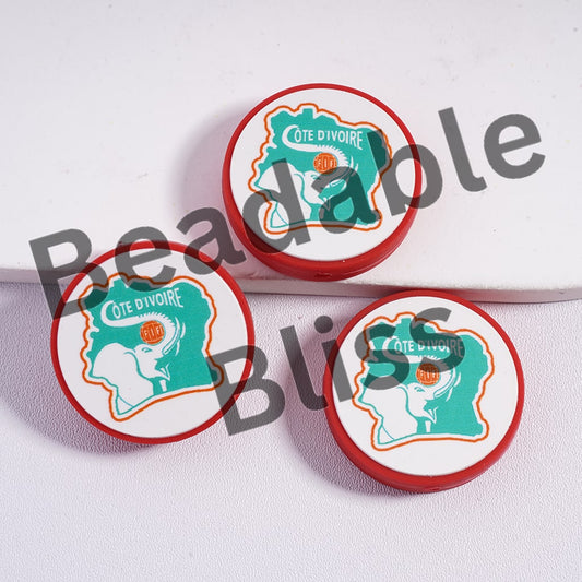 Silicone Focal Beads Ivory Coast Football Soccer Team, Flat Round Shape