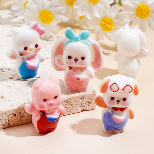 Acrylic Pen Topper Beads w Cute Animal Pig, Dog, Bunny & Cat in Overalls, Jewelry Accessories, Various Styles, Random Mix