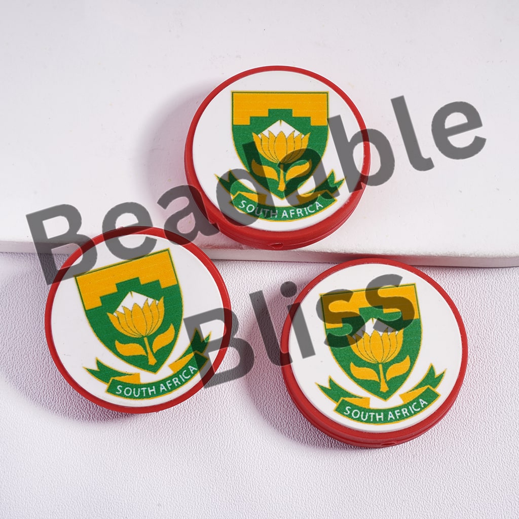 Silicone Focal Beads South Africa Football Soccer Team, Flat Round Shape